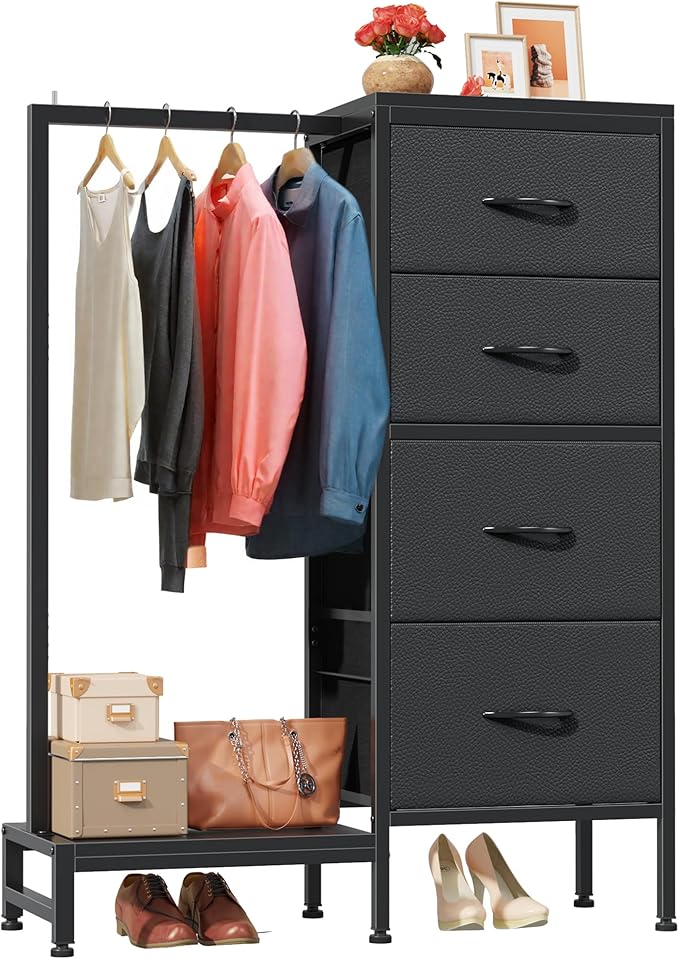 Dresser with Hanging Rack, 4 Drawers Small Closet for Bedroom, Reversible Fabric Kids Chest of Drawers with Clothes Rack, Tall Storage Tower, Sturdy Frame, Black, 44''H