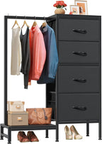 Dresser with Hanging Rack, 4 Drawers Small Closet for Bedroom, Reversible Fabric Kids Chest of Drawers with Clothes Rack, Tall Storage Tower, Sturdy Frame, Black, 44''H