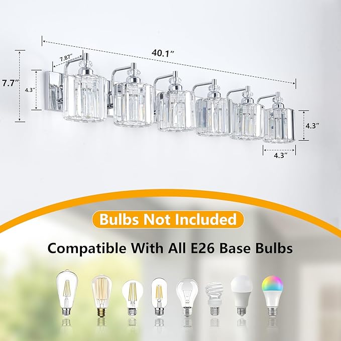 6-Light Modern Bathroom Light Fixture Chrome Bathroom Vanity Lights Over Mirror Wall Sconce Lighting with K9 Crystal Shades E26 Base for Bedroom, Living Room, Hallway Wall Lamp