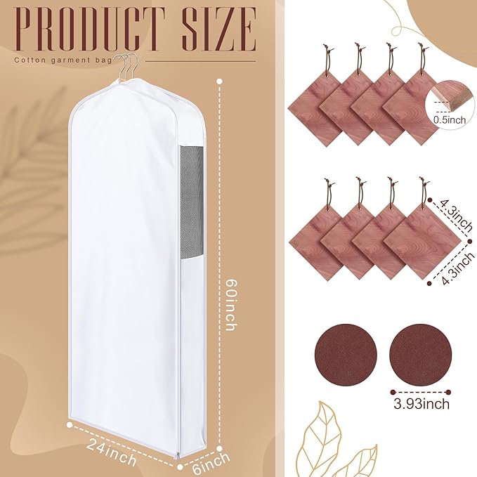 2 Set 60in Long Cotton Garment Bags, 6in Wide Gusset Hanging Storage Clothes with 8 Cedar Blocks, Transparent Mesh Window, Breathable Closet Bags for Fur Coat Suit Sweater Dress, White