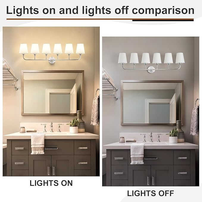 Kvhilw Bathroom Vanity Light, Brushed Nickel Bathroom Light Fixtures, 6-Light Lighting Fixtures Over Miror, Modern Wall Sconce with Flared White Fabric Shade, E26 Socket(ETL Listed)