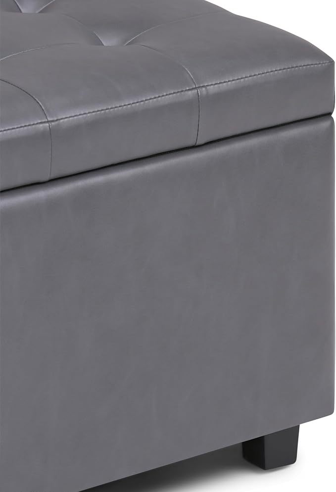 SIMPLIHOME Cosmopolitan Storage Ottoman - 34 inch Wide Upholstered Vegan Leather Rectangle Storage Ottoman Bench in Stone Grey, Transitional Tufted Ottoman for Living Room or Entryway with Lift-Up Lid