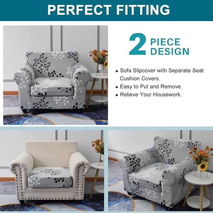 KRFOONN 2 Piece Chair Covers Printed Sofa Covers Couch Covers Washable Armchair Sofa Couch Slipcover Furniture Protector with Elastic Bottom for Living Room (Armchair, 02), Small