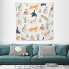 VUMIVI Cute Cat Tapestry Kids Hand-Painted Doodles Colorful Illustrations Potted Plants Paw Prints Tapestry Wall Hanging for Living Room Bedroom Dorm Classroom Aesthetic Decor W60xL60in