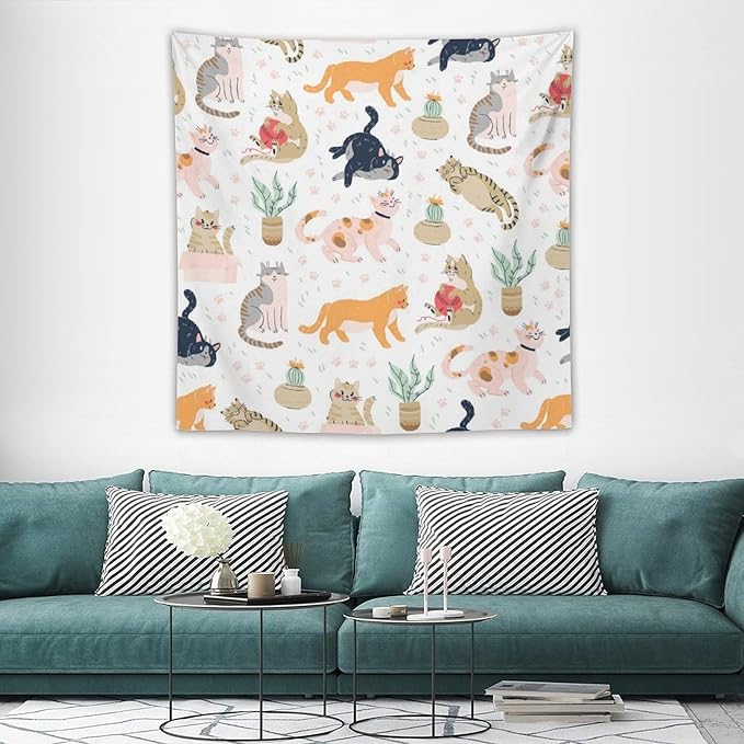 VUMIVI Cute Cat Tapestry Kids Hand-Painted Doodles Colorful Illustrations Potted Plants Paw Prints Tapestry Wall Hanging for Living Room Bedroom Dorm Classroom Aesthetic Decor W60xL60in