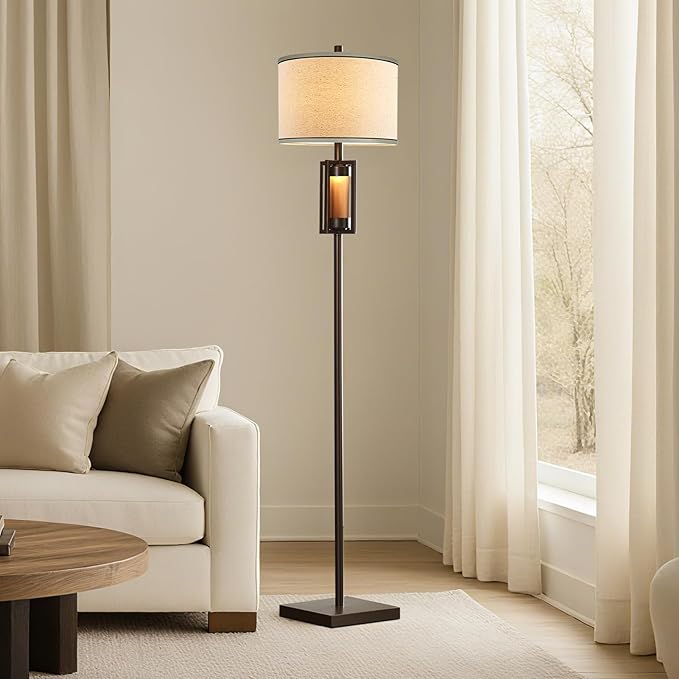 RORIANO 63'' Rustic Floor Lamp for Living Room with 2 Light Sources, Farmhouse Tall Standing Lamp with Amber NightLight, Vintage Lamp for Bedroom Reading Room Office, Bulbs Included (‎Brown)