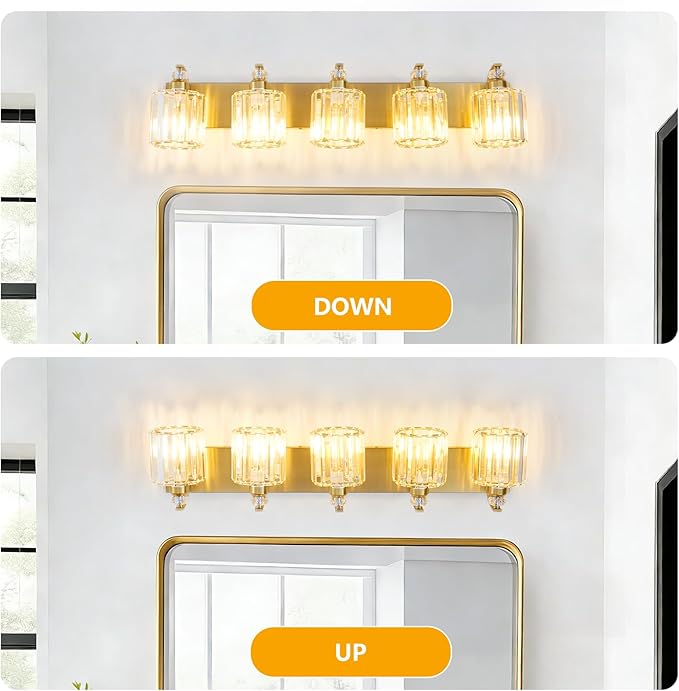 5-Lights Brushed Brass Bathroom Light Fixture Gold Vanity Lights Modern Crystal Bathroom Vanity Lighting Over Mirror Wall Sconce with K9 Crystal Shade E26 Base for Living Room, Bedroom Wall Lamp
