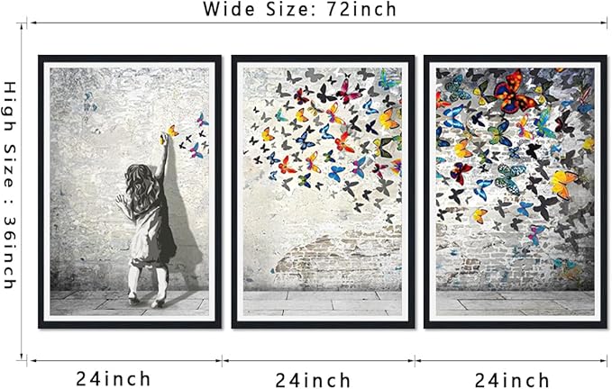 Novatique Graffiti Canvas Wall Art Graffiti Girl with Butterfly Canvas Print Wall Art Street Art Picture Banksy Poster Artwork for Bedroom,24" x 36" x 3pcs