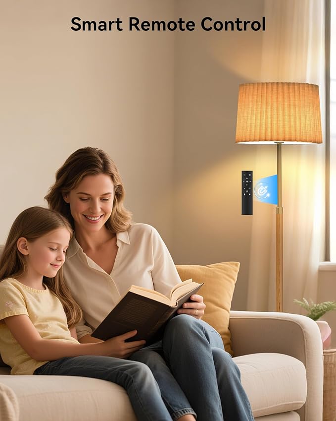 JOOFO Mid-Century Modern Wood Floor Lamp with Dual Fabric Shade, Remote Control, Dimmable & Adjustable Color Temperature, Reading & Living Room Lamp, Easy Clean Cover, Foot Switch,Natural Wood