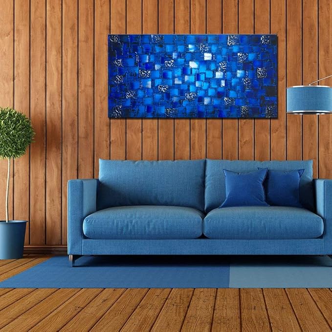 MyArton Thick Textured Abstract Squares Canvas Wall Art Hand Painted Artwork Modern Dark Blue add Silver Oil Painting for Home Decor Framed Ready to Hang 48x24inch