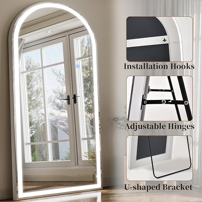 GLSLAND 34"x76" Arched LED Full Length Mirror with Lights Wall Mounted/Standing, Dimmable Floor Lighted Mirrors W/Anti-Fog, Touch Control for Bedroom, Dressing Room