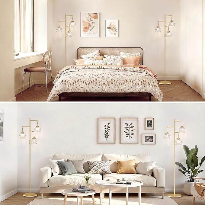 Dimmable Floor Lamp for Living Room, Bedroom, Gold Standing Lamp with 3pcs 6W Bulbs, Vintage Brass Floor Lamps for Corner, Nursery (Clear Tulip)
