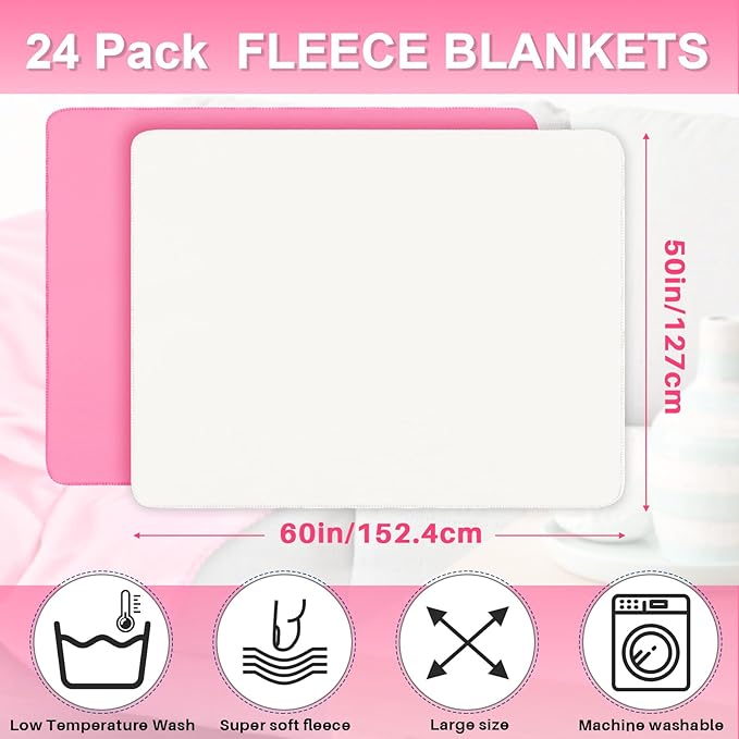Newwiee 24 Pcs Fleece Throw Blankets Bulk 50'' x 60'' Oeko-tex Standard 100 Certified Spring Outdoor Wedding Guest Blankets Lightweight for Sleepover Donation Lap Pet Sofa Home (Light Pink/White)