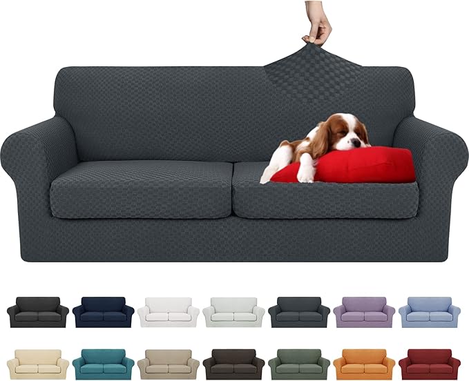 YEMYHOM Latest Checkered 3 Pieces Couch Covers for 2 Cushion Couch High Stretch Sofa Cover with 2 Extra Large Seat Cushion Covers Anti Slip Elastic Slipcovers (Dark Gray), 71"-91"(2 Cushions)