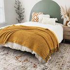Ultra Soft Cozy Sherpa Throw Blanket, Light Weight Warm Decorative Throw Blanket with Tassel, Mustand Yellow Pattern Reversible Boho Style Blanket for Sofa, Couch, Bedroom,Travel, 60”x80”