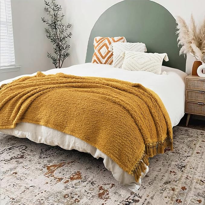Ultra Soft Cozy Sherpa Throw Blanket, Light Weight Warm Decorative Throw Blanket with Tassel, Mustand Yellow Pattern Reversible Boho Style Blanket for Sofa, Couch, Bedroom,Travel, 50”x60”