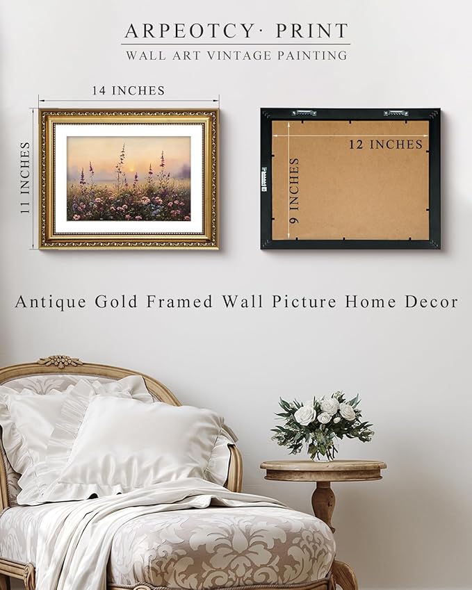 ARPEOTCY Vintage Gold Framed Wall Art Decor, 11x14 Inch Dawn Flower Field Painting Prints, Classical Victorian Wall Art for Living Room Bedroom Office, Antique Framed Bathroom Decor Aesthetic
