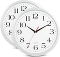 Bernhard Products White Wall Clocks, 2 Pack Silent Non Ticking - 12 Inch Quality Quartz Battery Operated Round Easy to Read Home/Office/Classroom/Business/Kitchen/School Clock