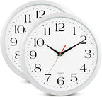 Bernhard Products White Wall Clocks, 2 Pack Silent Non Ticking - 12 Inch Quality Quartz Battery Operated Round Easy to Read Home/Office/Classroom/Business/Kitchen/School Clock
