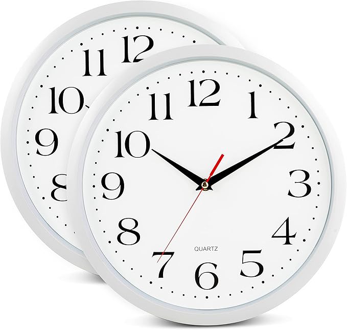 Bernhard Products White Wall Clocks, 2 Pack Silent Non Ticking - 12 Inch Quality Quartz Battery Operated Round Easy to Read Home/Office/Classroom/Business/Kitchen/School Clock