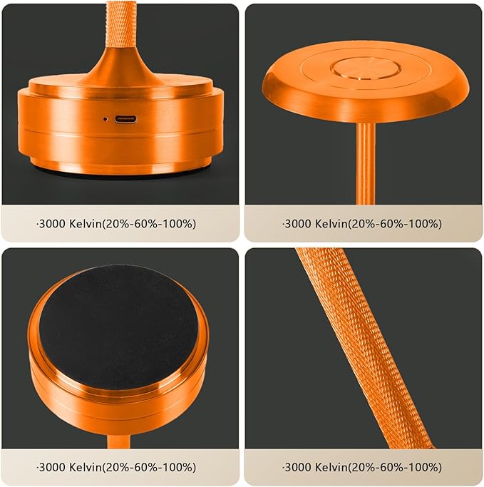 Rechargeable Cordless LED Table Lamps Touch Sensor Light, 3-Levels Portable Dimming Wireless Battery Operated Lamp，Nightstand Lamp/Night Light/Restaurant Table/Outdoor/Coffee/Bar (Orange)