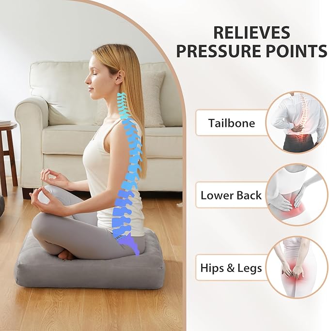 Meditation Floor Pillow Set of 1, Square Large Pillows Seating for Adults, Meditation Cushion Pillow,Tufted Corduroy Cushion for Tatami Living Room or Yoga, Light Gray, 22x22 Inch