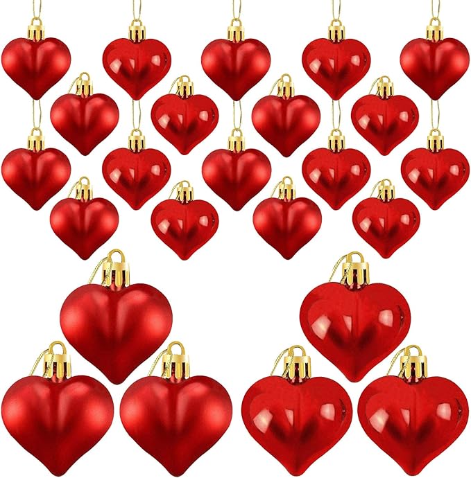 24 Pieces Valentine's Day Heart Shaped Ornaments, Glossy and Matt Heart Baubles Hanging Decorations for Valentine's Day Wedding Anniversary Home Party Decor