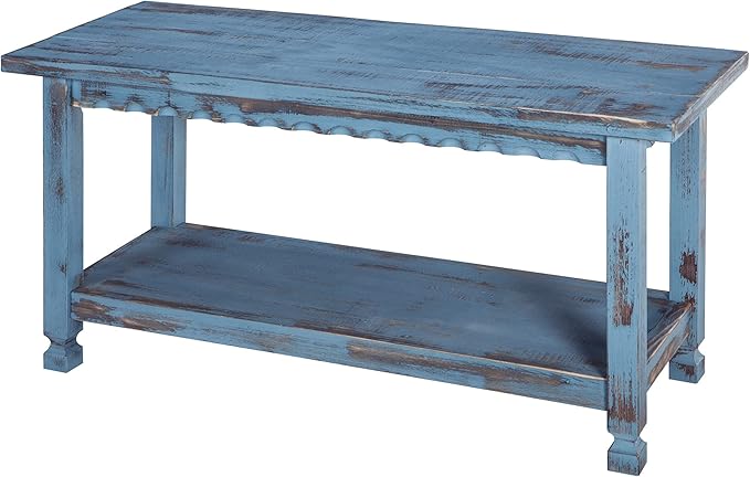 Country Cottage Entryway Bench with Storage Shelf – 36 Inch Solid Wood Farmhouse Bench in Antique Blue Distressed Finish for Rustic Hallway or Living Room Accent by Alaterre Furniture