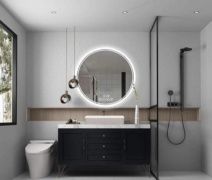 24 Inch Wall-Mounted Round Bathroom Mirror with LED-Lights - Vanity Mirrors (24" x 24",Frameless)