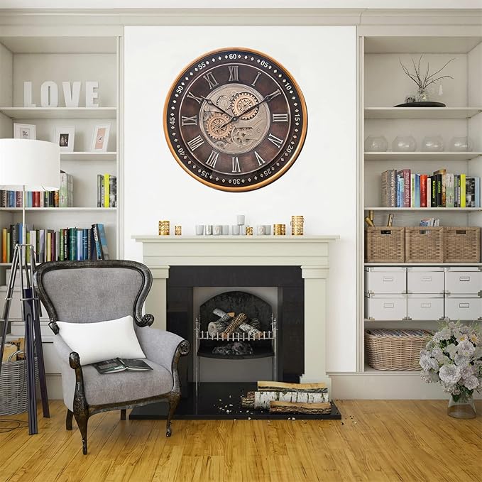 CLXEAST 24 Inch Wall Clock with Moving Gears,Oversized Large Industrial Steampunk Clock, Antique Gold Metal Roman Numeral Wall Clocks for Farmhouse Living Room Decor,Valentines Day Gifts