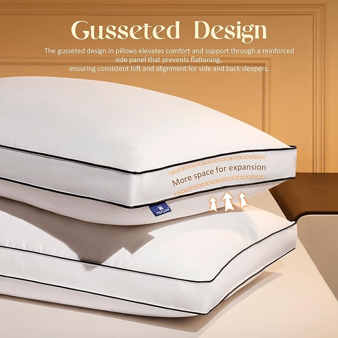 Feather Down Pillows Standard Size Set of 2 with Gusset, Luxury Hotel Collection Bed Pillow 2 Pack, Down Surrounded Gusseted Pillows for Sleeping, Fluffy for Side, Back Sleepers 18x24x2 in.