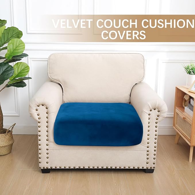 hyha Velvet Couch Cushion Covers, Soft Sofa Seat Covers for sectional Cushion Couch Washable, Magic Sofa Slipcover with Elastic Bottom, Non-Slip Furniture Protector for Pets, Kid(Small, Royal Blue)