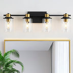 LOUSACE Bathroom Light Fixtures Black and Gold, 4 Light Bathroom Vanity Light, Modern Bathroom Light over Mirror with Clear Glass Shades, Brushed Gold Socket Wall Vanity Lighting Fixtures for Bathroom
