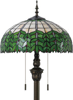 Tiffany Style Floor Lamp, 16" Stained Glass Green Leaf Shade with Antique Bronze Base, 2-Light E26 Pull Chain Standing Reading Light for Living Room, Bedroom, UL Listed, 16x16x64 Inches