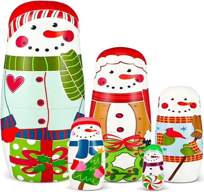 Gejoy Russian Nesting Dolls for Kids Handmade Matryoshka Wooden Stacking Toys Nesting Dolls Collectible Gifts for Winter Christmas Holiday Present Boys Girls Adults Home Decor(Snowman)