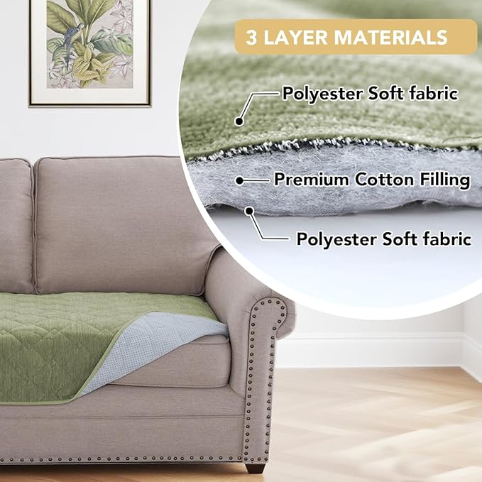 H.VERSAILTEX Couch Cover Chenille Pet Fuzzy Sofa Covers for 3 Cushion Couch Anti Slip Washable Sofa Slipcovers with Strap Soft Couch Protector Cover for Dogs Cats Kids(52" x 82", Tender Green)