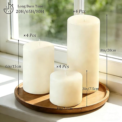 12 Pcs Ivory Pillar Candles Bulk Set, 3 Different Lengths 3 x 3/6/8 Inch (4 Each), Dripless Unscented Smokeless,Hurricane Candles,Gives You a Better Atmosphere When Organizing an Event Party.