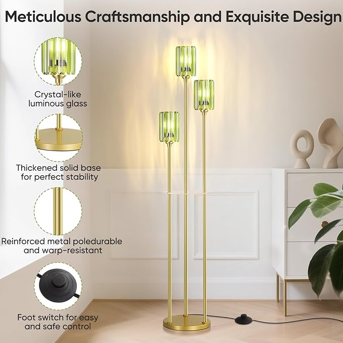 Gold Floor Lamps for Living Room, Modern Floor Lamp with Shelves, Mid Century Crystal Standing Lamps with Table, Brass Tall Lamp with Crystal Shade Vintage Retro Corner Floor Lamp for Bedroom, Green