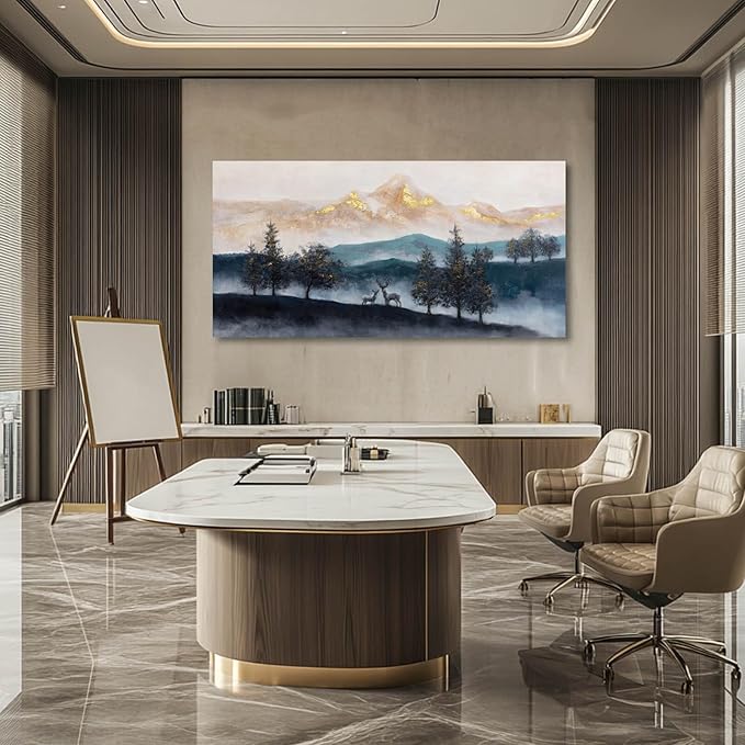 GAIDUOMAI Nature Wall Decorations For Living Room Navy Blue Mountain Tree Panting Gold Foil Artwork Modern Wall Prints for Dining Room Office 29"x58"