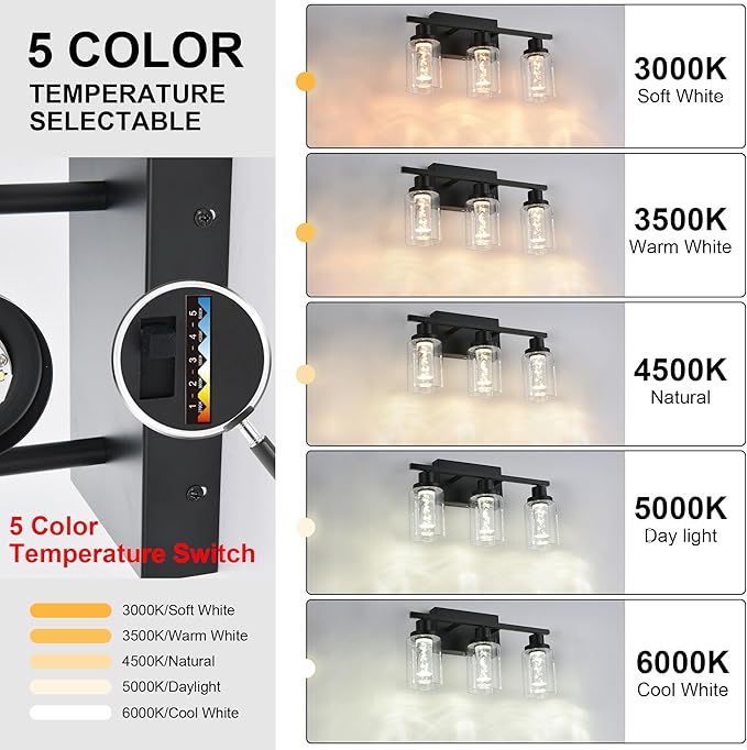 MELUCEE Bathroom Vanity Light Fixtures, 3-Light LED Bathroom Lighting Fixtures Over Mirror, 3000K-6000K Modern Black Vanity Light for Bathroom with Crystal Bubble Glass Shade, Built-in LED Chips