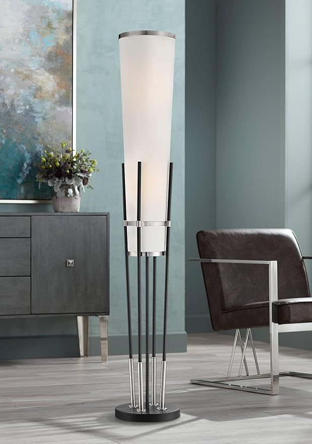 Possini Euro Design Flute Mid Century Modern 64" Tall Floor Lamp Standing with Smart Socket Satin Black Brushed Nickel Metal White Linen Shade for Living Room Family Bedroom Office House