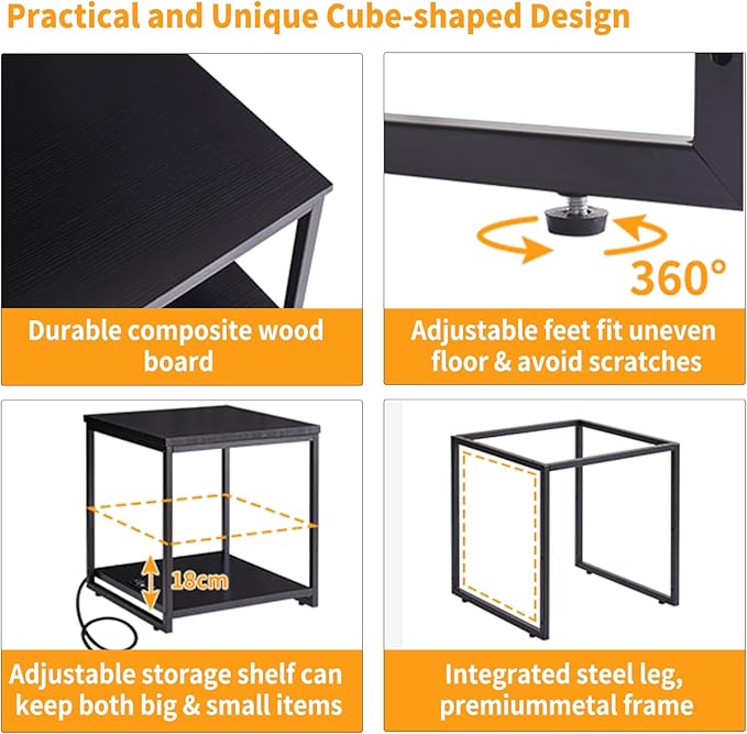 Adjustable 20-inch Side Table with Charging Station and USB Port, Dormitory Refrigerator Shelf, Square Coffee Table, Large Printer Stand, Black YD-TM153BD