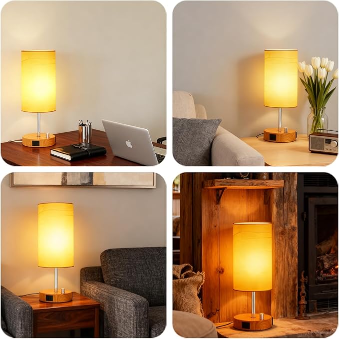 HiBay 17.75" Dimmable Bedside Table Lamp with Charging Station - 2 USB Ports & AC Outlet, Rustic Wood-Grain Nightstand Light with Parchment Shade for Bedroom Living Room Dorm, Bulb Included