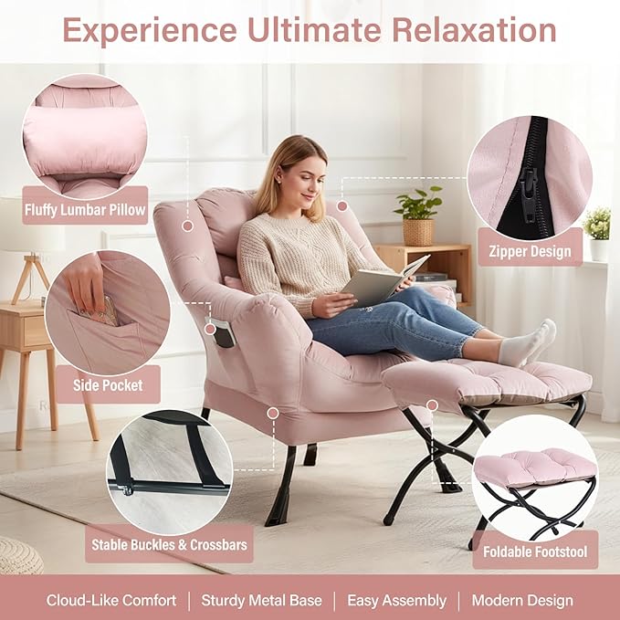 Lazy Chair with Ottoman, Modern Accent Chair with Lumbar Pillow, Velvet Pink Sofa, Lounge Chairs with Folding Footrest, Oversized Supportive Chairs for Bedroom, Reading
