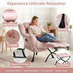Lazy Chair with Ottoman, Modern Accent Chair with Lumbar Pillow, Velvet Pink Sofa, Lounge Chairs with Folding Footrest, Oversized Supportive Chairs for Bedroom, Reading
