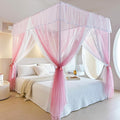 AIKASY 4 Corners Post Ruffle Princess Bed Canopy Curtain - Double Layer Cozy Drape Netting with 4 Openings - Elegant Mosquito Net for Girls and Adults Bedroom Decoration (Pink,Full)