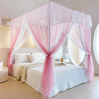 AIKASY 4 Corners Post Ruffle Princess Bed Canopy Curtain - Double Layer Cozy Drape Netting with 4 Openings - Elegant Mosquito Net for Girls and Adults Bedroom Decoration (Pink,Full)