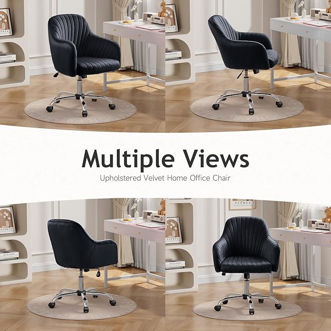 Warmiehomy Velvet Desk Chair for Home Office, Modern Adjustable Swivel Task Chair, Women Vanity Chairs with Arm Rest for Bedroom Dressing Room, Black