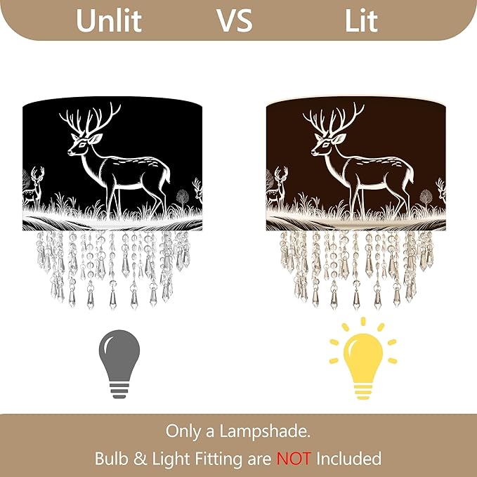 Deer & Forest Lamp Shade Acrylic Bead Droplets, Black Drum Fabric Light Shade for Ceiling Pendant Table & Floor Lamps, Decor & Gift for Wild Animal Nature Lover, 11.8in