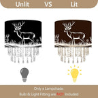 Deer & Forest Lamp Shade Acrylic Bead Droplets, Black Drum Fabric Light Shade for Ceiling Pendant Table & Floor Lamps, Decor & Gift for Wild Animal Nature Lover, 11.8in